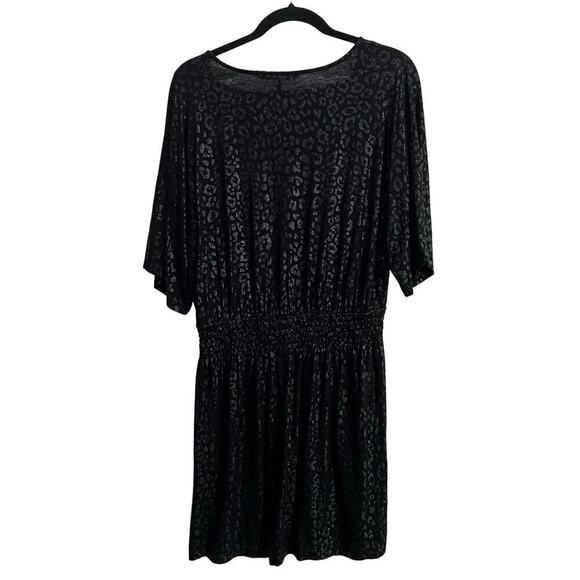 WHBM Kimono Sleeve Smocked Waist Dress Black Shimmer Leopard Medium Mini Casual - Picture 4 of 7